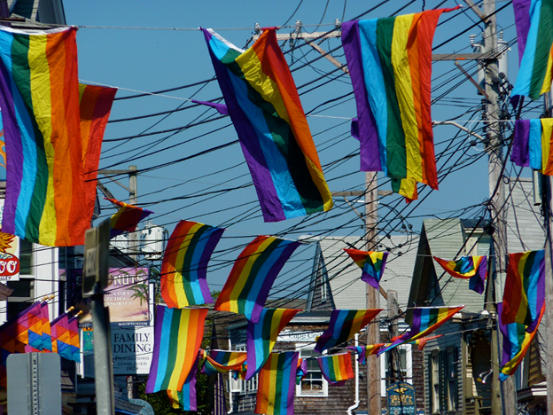 Pride flags in Provincetown, Massachusetts, one of the largest and most famous Pride celebrations in the US.