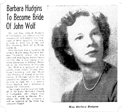 Newspaper clipping of Barbara Wolf with headline "Barbara Hudgins To Become Bride of John Wolf."